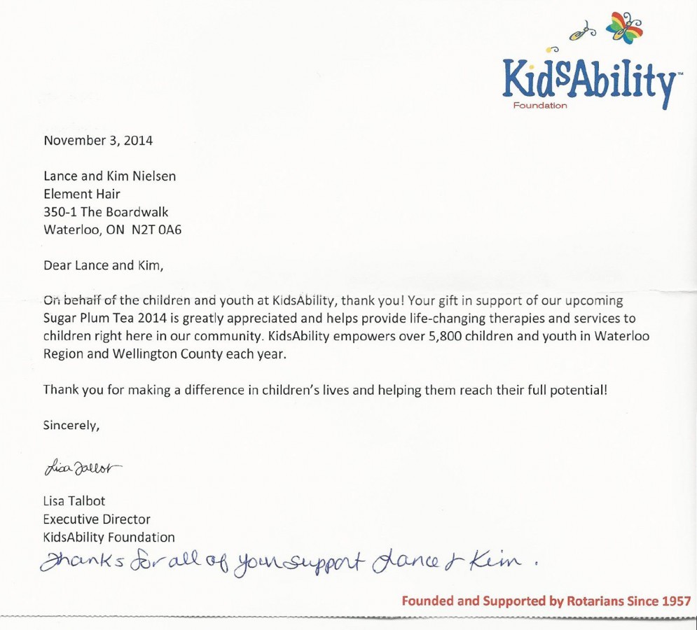 Kidsability thank you letter to Element Hair
